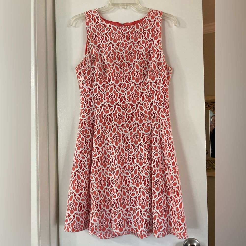 Eva Mendes New York & Company Salmon Dress with White Lace Overlay
